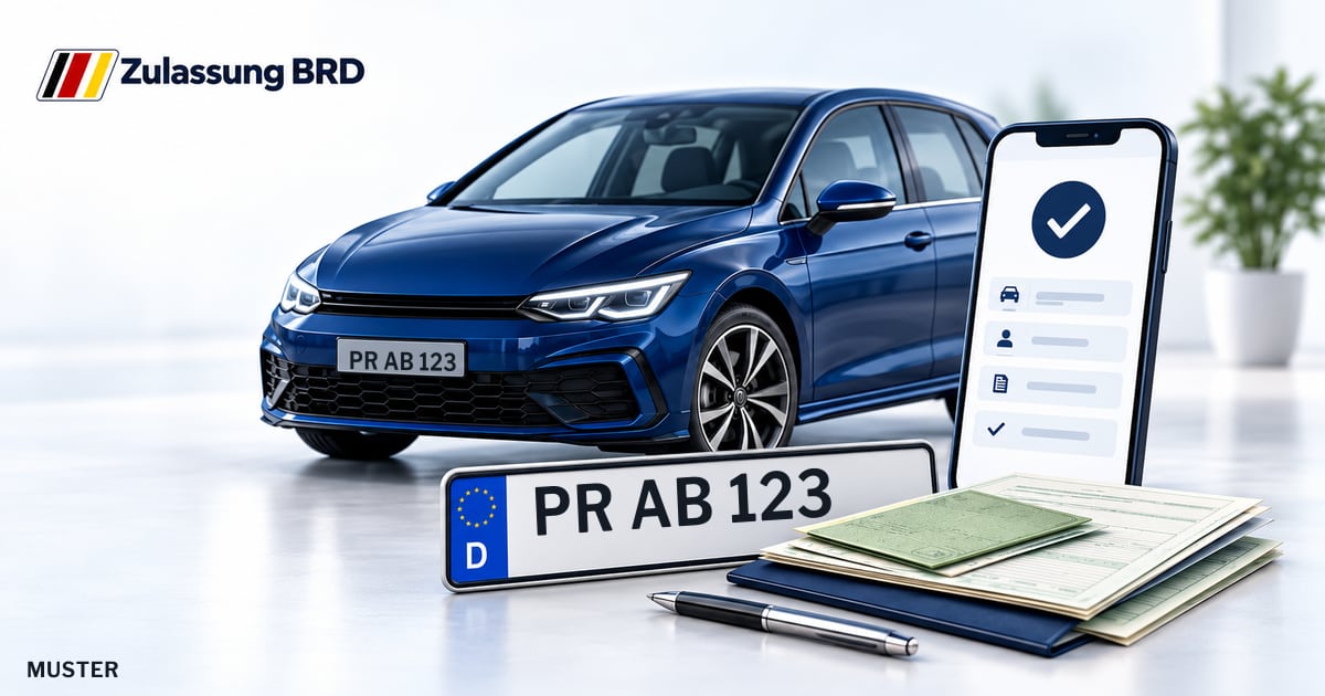 Online Fahrzeugzulassung in Pritzwalk: Musterkennzeichen PR AB 123, Auto und Fahrzeugpapiere und Smartphone. Illustration mit Logo von Zulassung BRD.